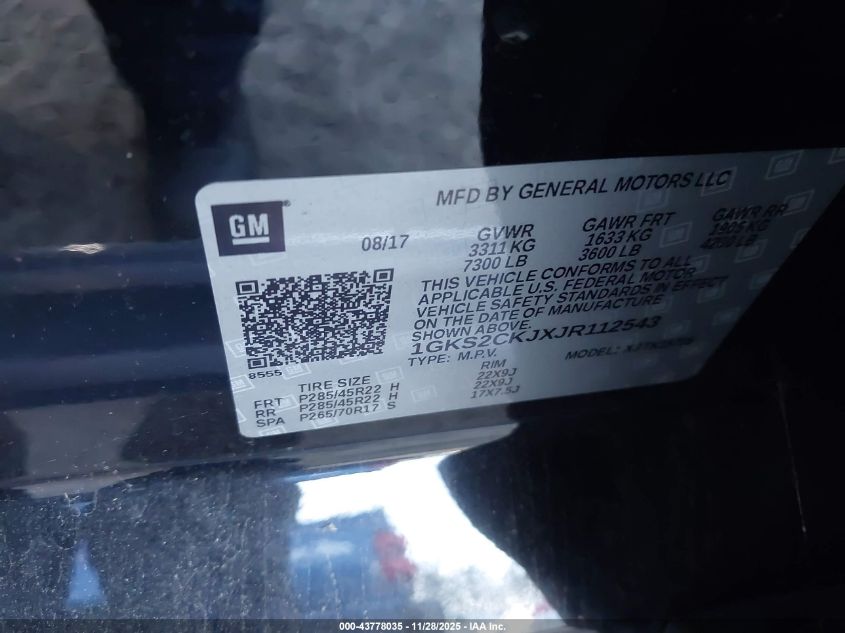 2018 GMC Yukon Denali VIN: 1GKS2CKJXJR112543 Lot: 43778035