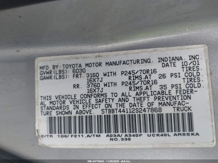 2002 Toyota Tundra Sr5 V8 VIN: 5TBBT44112S247868 Lot: 43778040