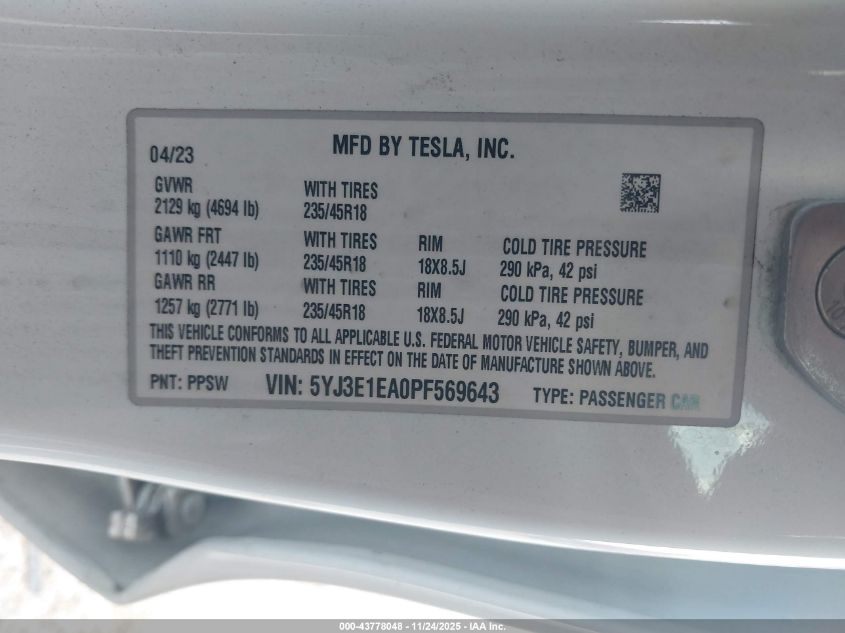 2023 Tesla Model 3 Rear-Wheel Drive VIN: 5YJ3E1EA0PF569643 Lot: 43778048