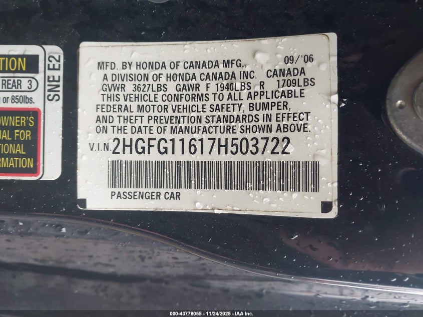 2007 Honda Civic Lx VIN: 2HGFG11617H503722 Lot: 43778055