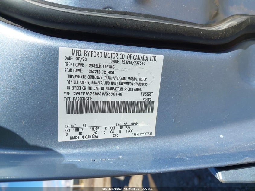 1998 Mercury Grand Marquis VIN: 2MEFM75W6WX698448 Lot: 43778069