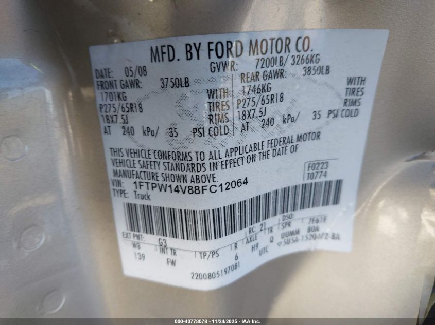 2008 Ford F-150 60Th Anniversary/Fx4/King Ranch/Lariat/Xlt VIN: 1FTPW14V88FC12064 Lot: 43778078