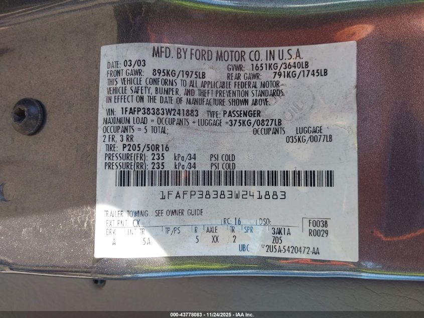 2003 Ford Focus Zts VIN: 1FAFP38383W241883 Lot: 43778083