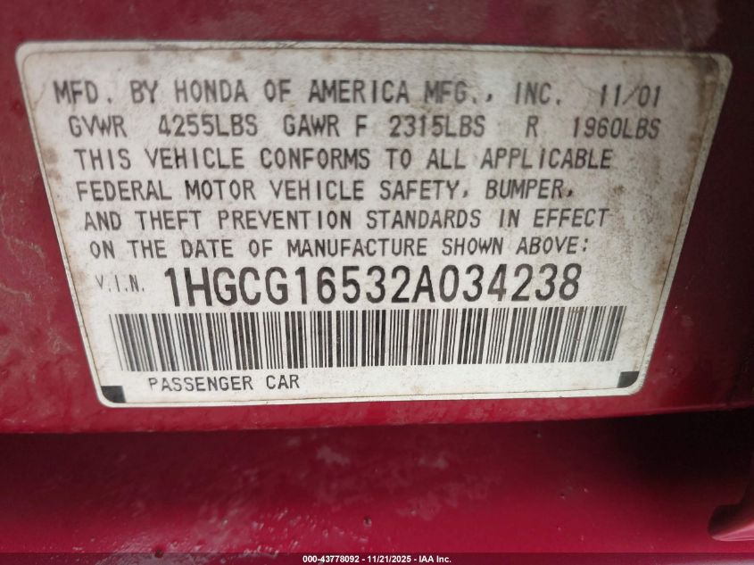 2002 Honda Accord 3.0 Ex VIN: 1HGCG16532A034238 Lot: 43778092