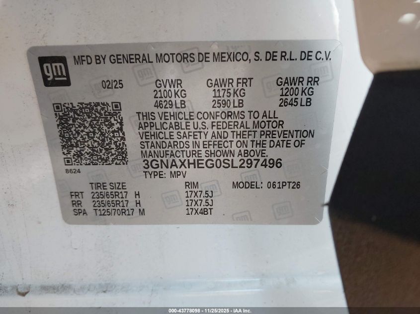 2025 Chevrolet Equinox Fwd Lt VIN: 3GNAXHEG0SL297496 Lot: 43778098