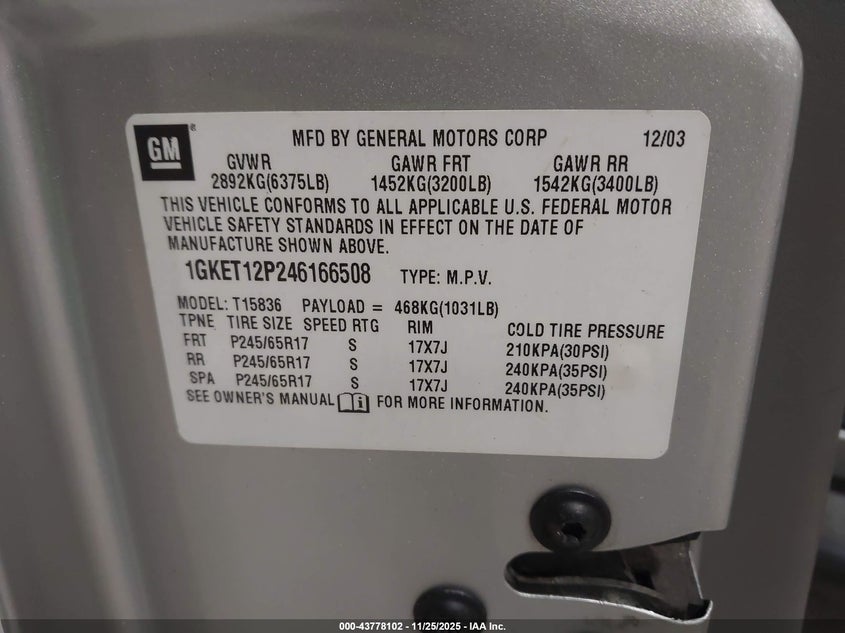 2004 GMC Envoy Xuv Slt VIN: 1GKET12P246166508 Lot: 43778102