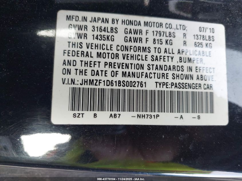 2011 Honda Cr-Z Ex VIN: JHMZF1D61BS002761 Lot: 43778104