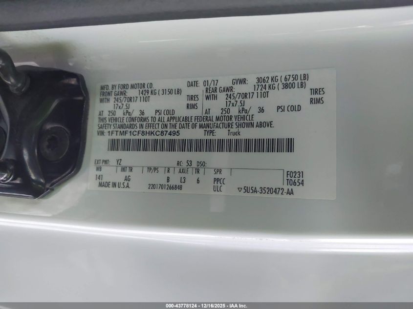 2017 Ford F-150 Xl VIN: 1FTMF1CF8HKC87495 Lot: 43778124