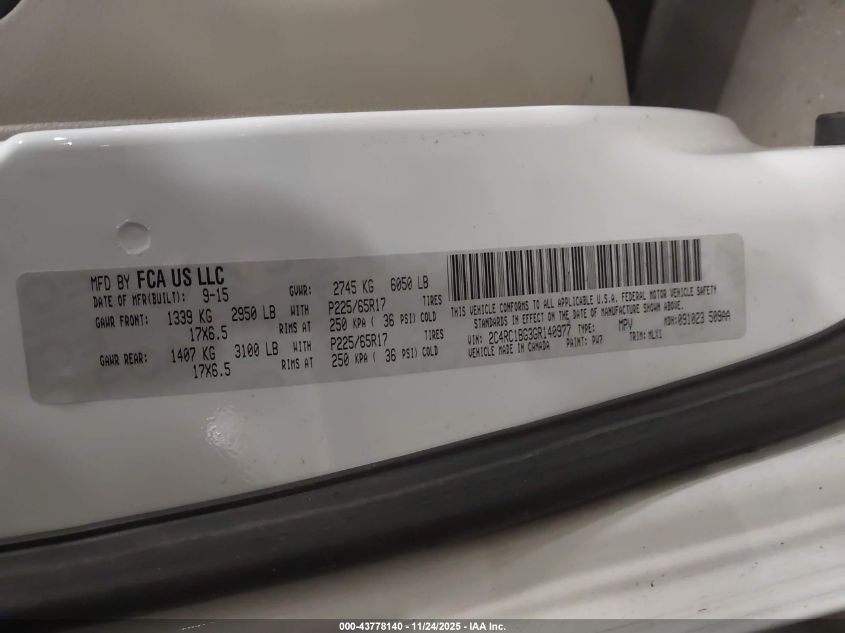 2016 Chrysler Town & Country Touring VIN: 2C4RC1BG3GR140977 Lot: 43778140