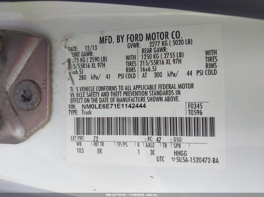 2014 Ford Transit Connect Xl VIN: NM0LE6E71E1142444 Lot: 43778142