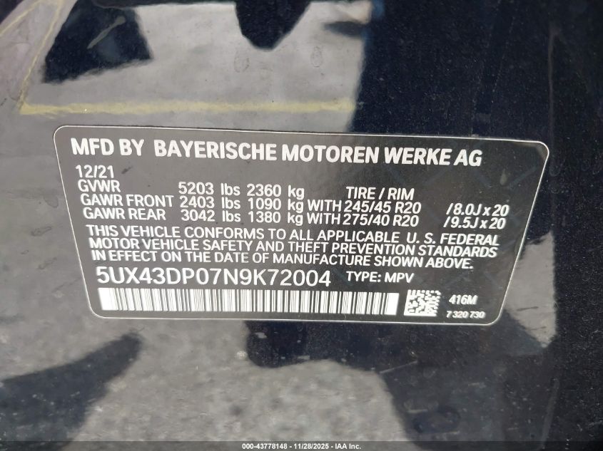 2022 BMW X3 Sdrive30I VIN: 5UX43DP07N9K72004 Lot: 43778148