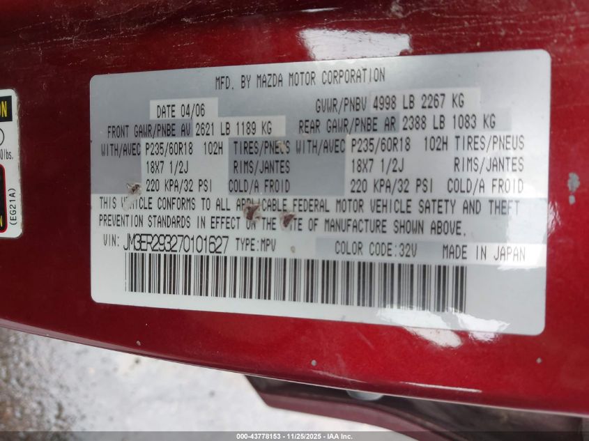 2007 Mazda Cx-7 Grand Touring VIN: JM3ER293270101627 Lot: 43778153