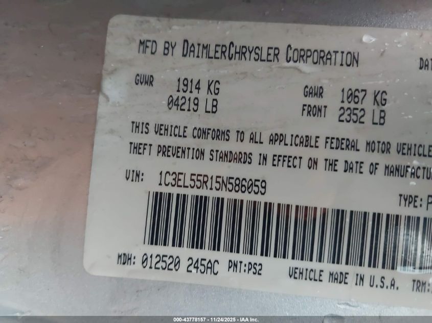 2005 Chrysler Sebring Touring VIN: 1C3EL55R15N586059 Lot: 43778157