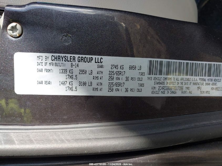 2015 Dodge Grand Caravan American Value Pkg VIN: 2C4RDGBG8FR517396 Lot: 43778159