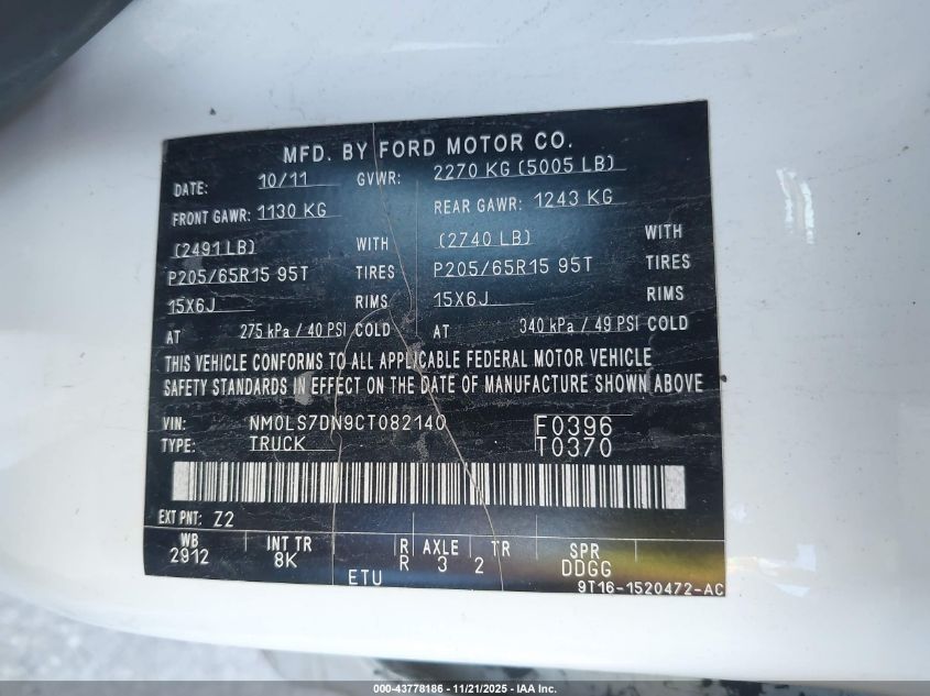 2012 Ford Transit Connect Xlt VIN: NM0LS7DN9CT082140 Lot: 43778186