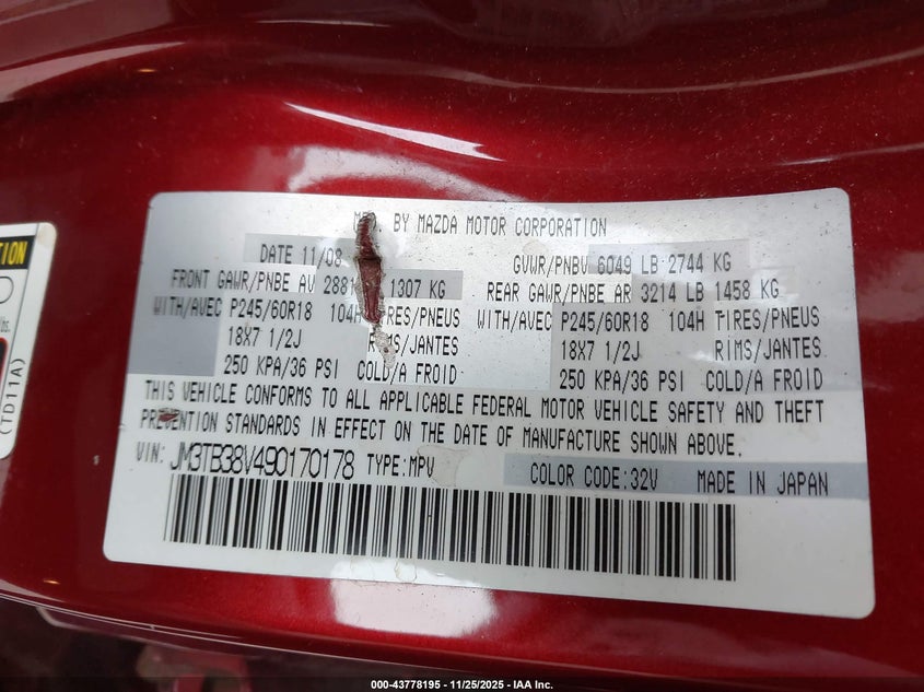 2009 Mazda Cx-9 Touring VIN: JM3TB38V490170178 Lot: 43778195