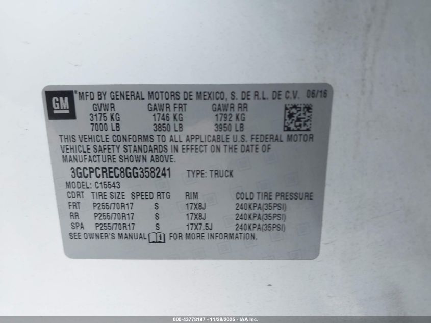 2016 Chevrolet Silverado 1500 1Lt VIN: 3GCPCREC8GG358241 Lot: 43778197