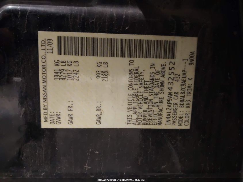 2010 Nissan Altima 2.5 S VIN: 1N4AL2AP9AN432552 Lot: 43778228