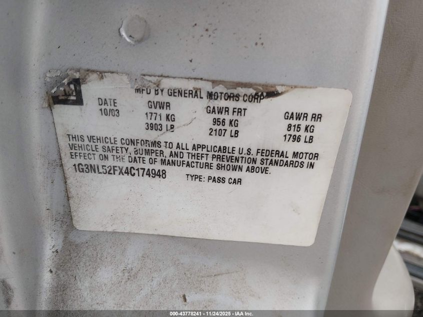 2004 Oldsmobile Alero Gl1 VIN: 1G3NL52FX4C174948 Lot: 43778241