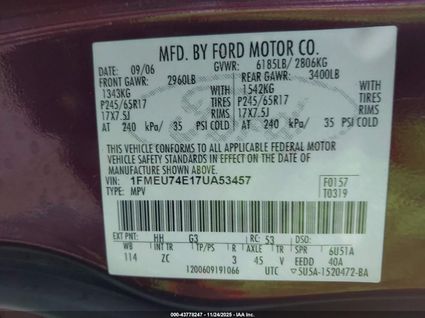 2007 Ford Explorer Eddie Bauer VIN: 1FMEU74E17UA53457 Lot: 43778247