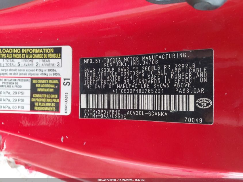 2008 Toyota Camry Solara Se VIN: 4T1CE30P18U765201 Lot: 43778258