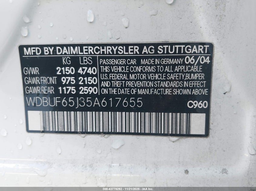 2005 Mercedes-Benz E 320 VIN: WDBUF65J35A617655 Lot: 43778292