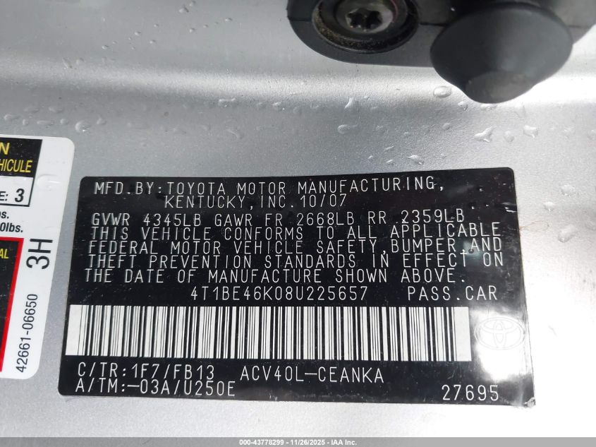 2008 Toyota Camry Le VIN: 4T1BE46K08U225657 Lot: 43778299