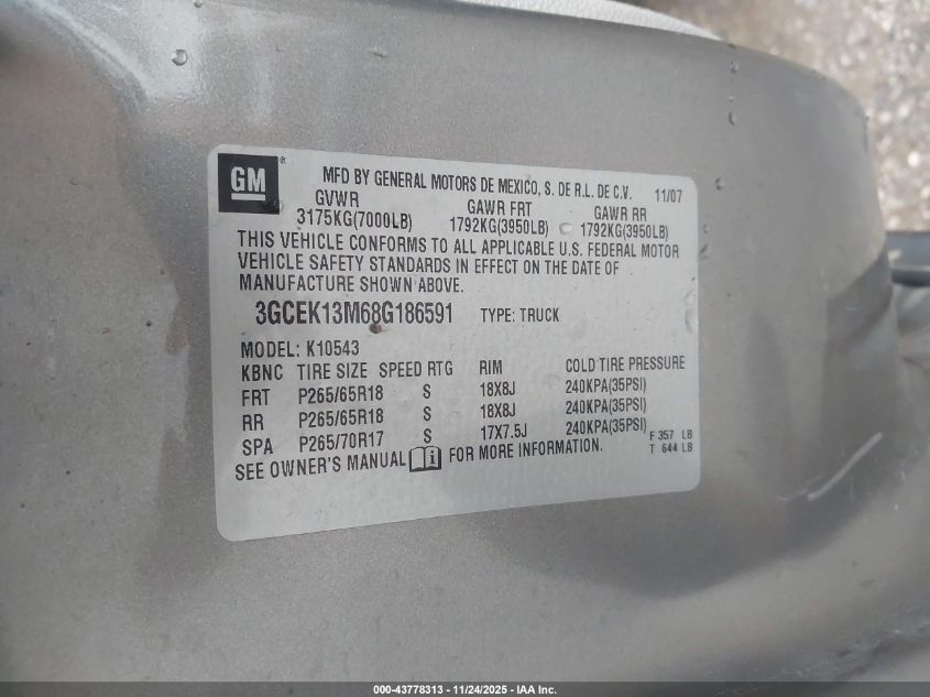 2008 Chevrolet Silverado 1500 Lt1 VIN: 3GCEK13M68G186591 Lot: 43778313