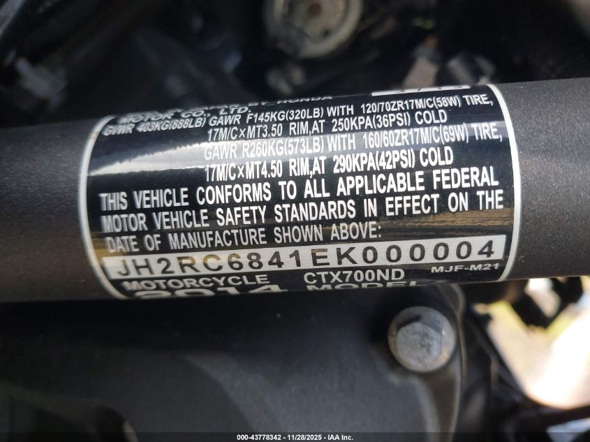 2014 Honda Ctx700 Nd VIN: JH2RC6841EK000004 Lot: 43778342