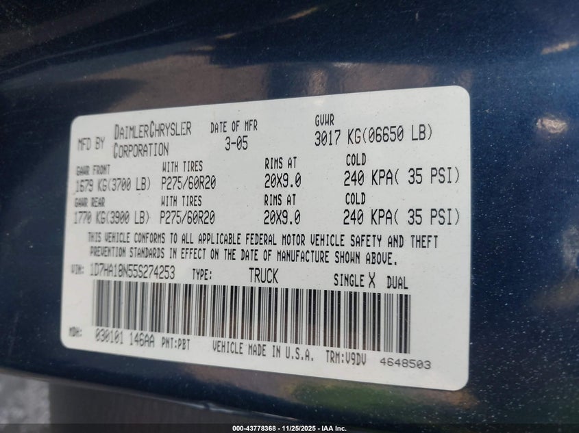 2005 Dodge Ram 1500 Slt/Laramie VIN: 1D7HA18N55S274253 Lot: 43778368