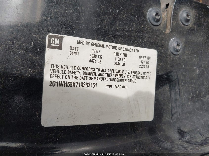 2001 Chevrolet Impala Ls VIN: 2G1WH55K719333161 Lot: 43778371