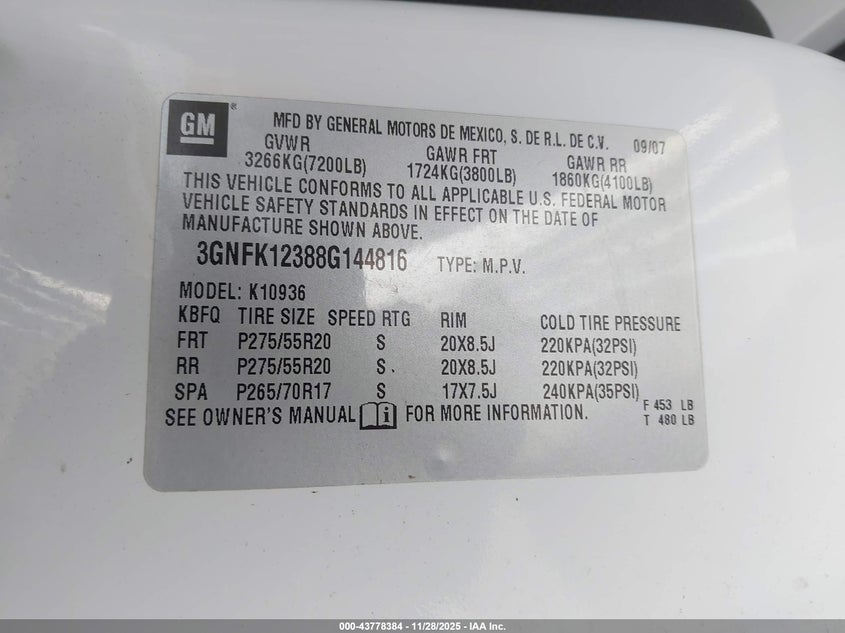 2008 Chevrolet Avalanche 1500 Ltz VIN: 3GNFK12388G144816 Lot: 43778384