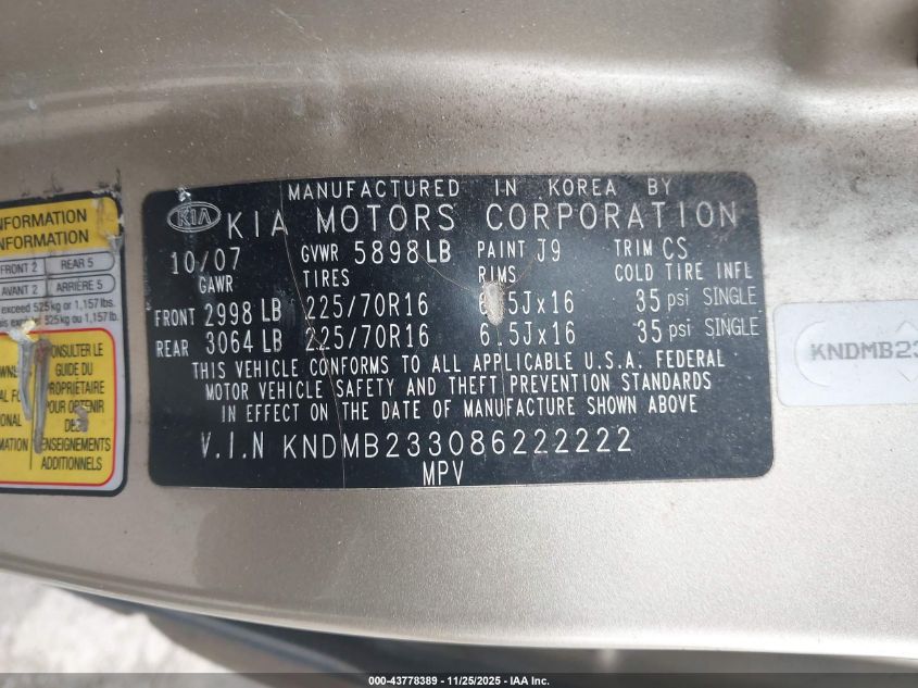 2008 Kia Sedona Lx VIN: KNDMB233086222222 Lot: 43778389