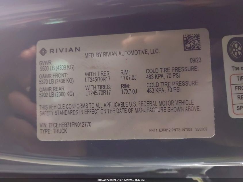 2023 Rivian Delivery 700 VIN: 7FCEHEB71PN012770 Lot: 43778399