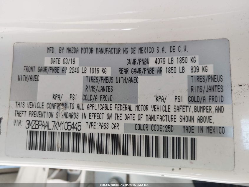 2019 Mazda Mazda3 Select Package VIN: 3MZBPAAL7KM106445 Lot: 43778403