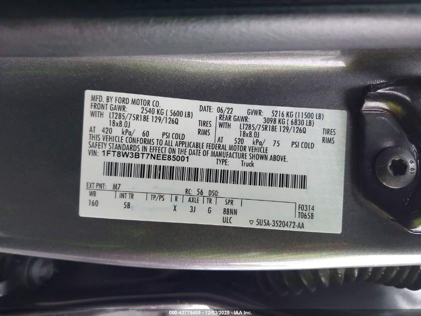 2022 Ford Super Duty F-350 Srw Lariat VIN: 1FT8W3BT7NEE85001 Lot: 43778409