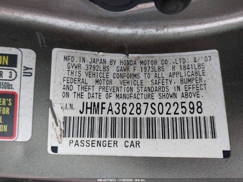 2007 Honda Civic Hybrid VIN: JHMFA36287S022598 Lot: 43778413
