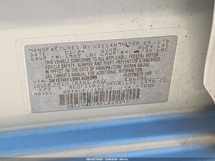 2024 Nissan Versa 1.6 Sv VIN: 3N1CN8EV8RL859390 Lot: 43778425