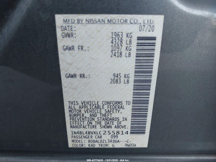 2020 Nissan Altima S Fwd VIN: 1N4BL4BVXLC255814 Lot: 43778435