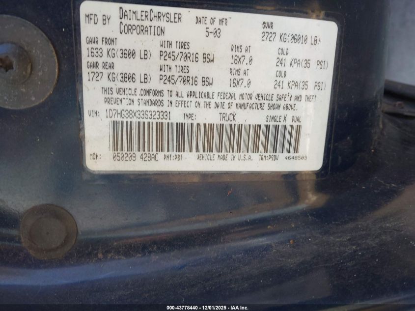 2003 Dodge Dakota Sport/Sxt VIN: 1D7HG38X33S323331 Lot: 43778440