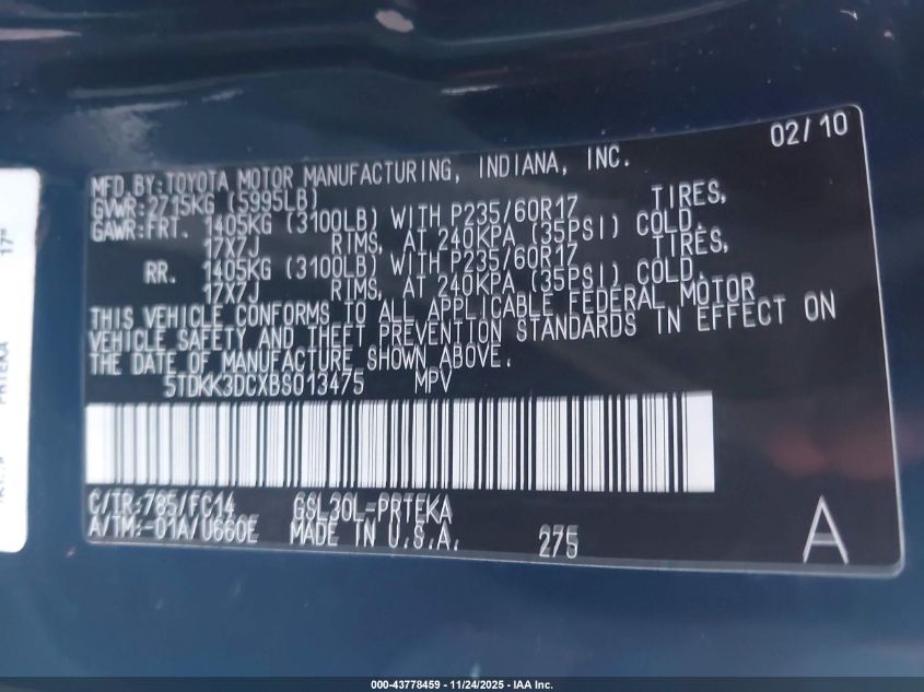 2011 Toyota Sienna Le V6 VIN: 5TDKK3DCXBS013475 Lot: 43778459