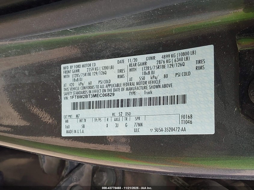 2021 Ford F-250 Lariat VIN: 1FT8W2BT3MEC06829 Lot: 43778468