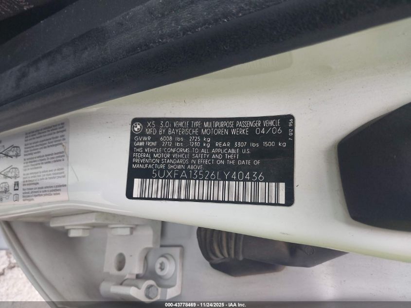 2006 BMW X5 3.0I VIN: 5UXFA13526LY40436 Lot: 43778469