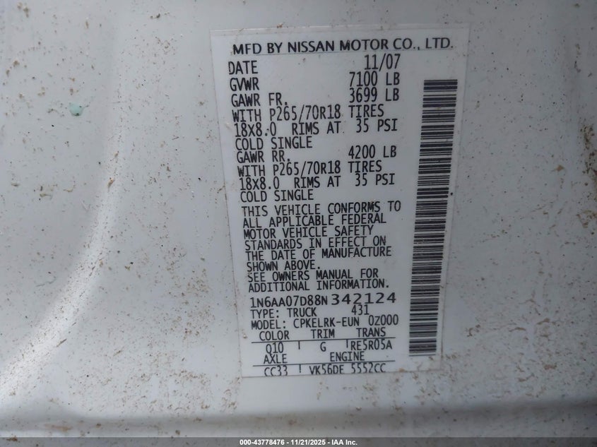 2008 Nissan Titan Le/Xe VIN: 1N6AA07D88N342124 Lot: 43778476