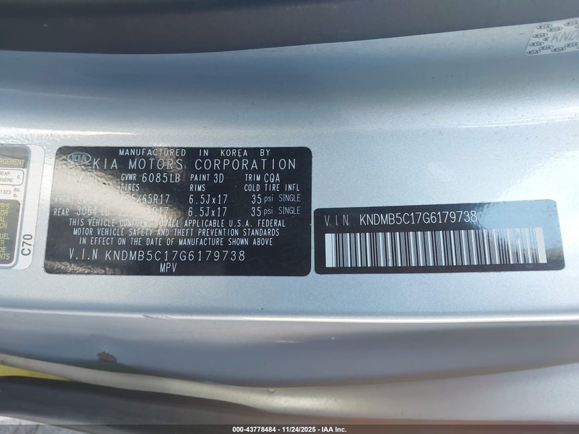 2016 Kia Sedona Lx VIN: KNDMB5C17G6179738 Lot: 43778484