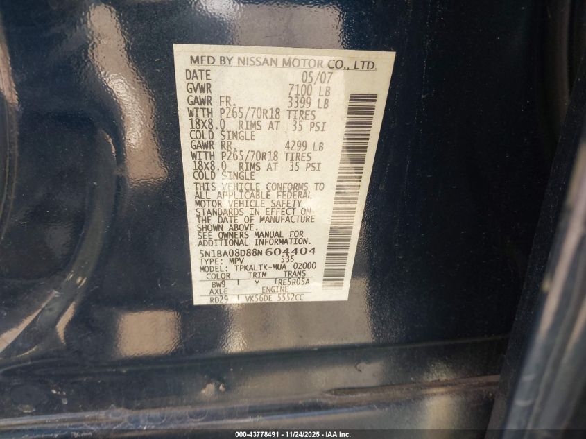 2008 Nissan Armada Se VIN: 5N1BA08D88N604404 Lot: 43778491