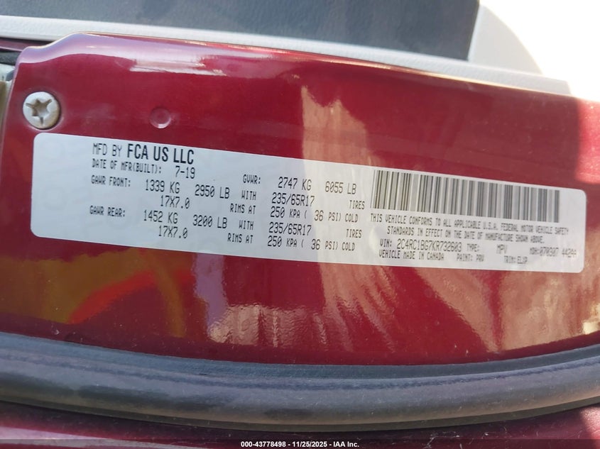 2019 Chrysler Pacifica Touring L VIN: 2C4RC1BG7KR732603 Lot: 43778498