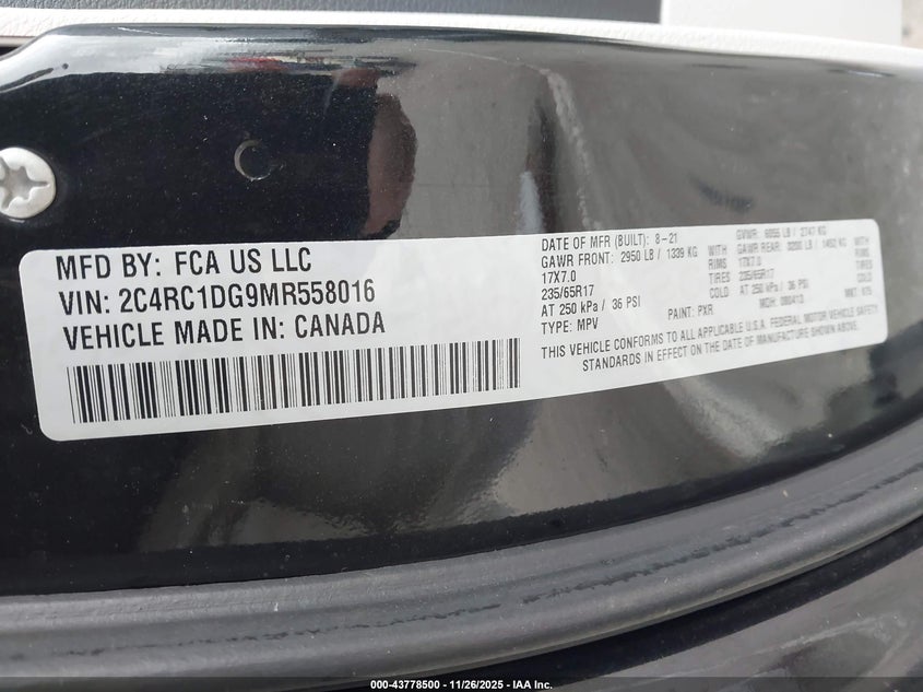 2021 Chrysler Voyager Lxi VIN: 2C4RC1DG9MR558016 Lot: 43778500