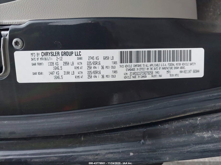 2012 Dodge Grand Caravan Sxt VIN: 2C4RDGCG7CR279258 Lot: 43778501