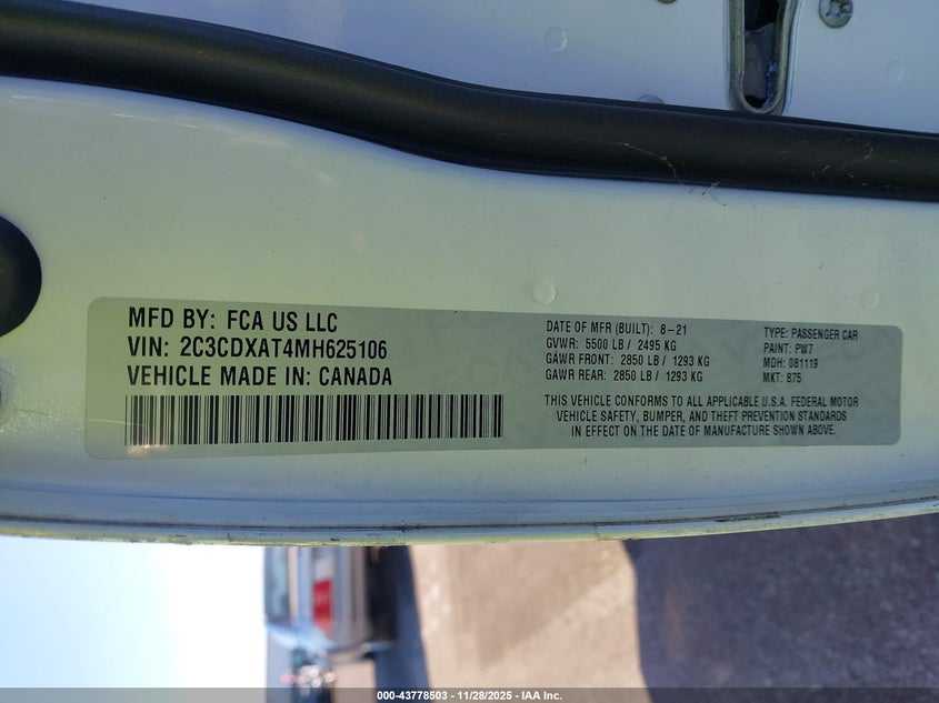 2021 Dodge Charger Police Rwd VIN: 2C3CDXAT4MH625106 Lot: 43778503